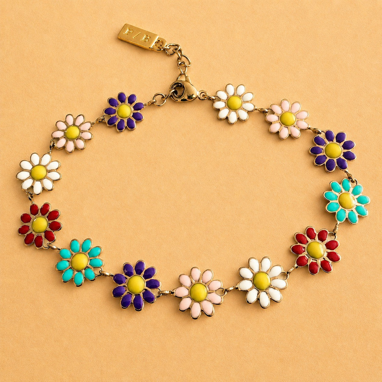 "Takashi" Multi-coloured Flower Chain Bracelet in Enamel & Gold