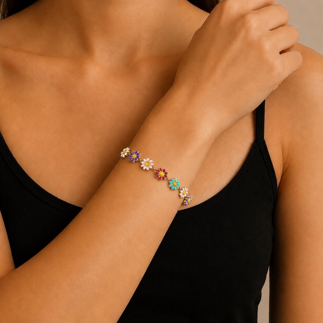 "Takashi" Multi-coloured Flower Chain Bracelet in Enamel & Gold