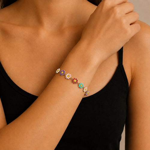 "Takashi" Multi-coloured Flower Chain Bracelet in Enamel & Gold