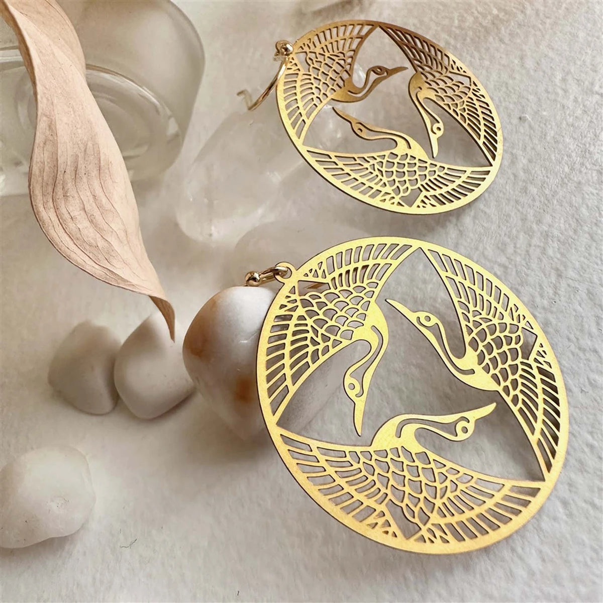 "Sadako" Raw Brass Crane Pattern Drop Earrings