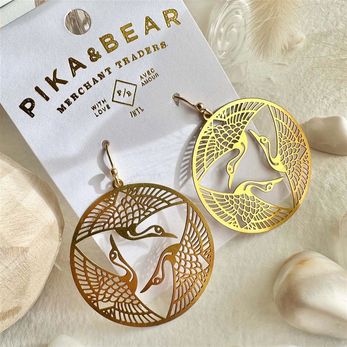 "Sadako" Raw Brass Crane Pattern Drop Earrings