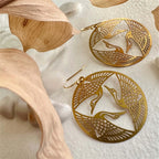 "Sadako" Raw Brass Crane Pattern Drop Earrings