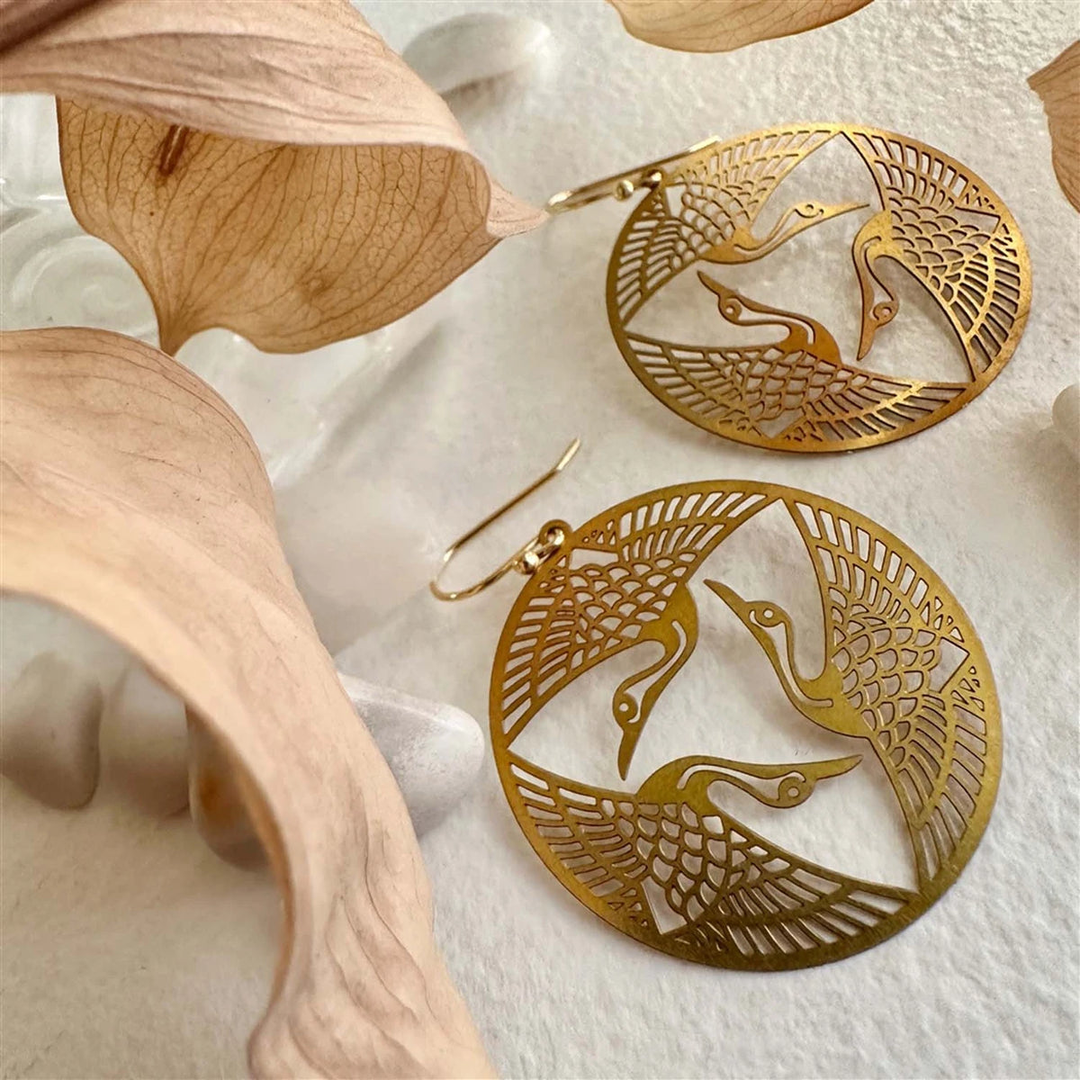 "Sadako" Raw Brass Crane Pattern Drop Earrings