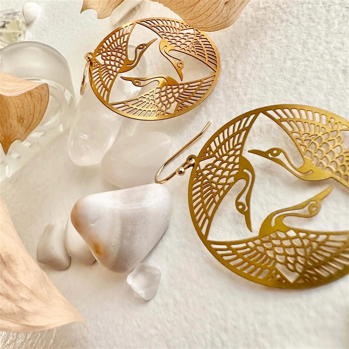 "Sadako" Raw Brass Crane Pattern Drop Earrings