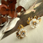 "Amelia" Mother of Pearl Flower & Rhinestone Stud Earrings in Gold