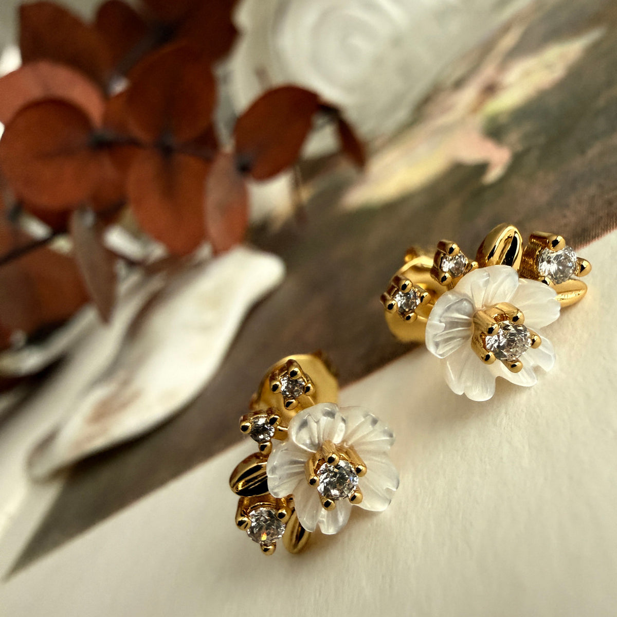 "Amelia" Mother of Pearl Flower & Rhinestone Stud Earrings in Gold