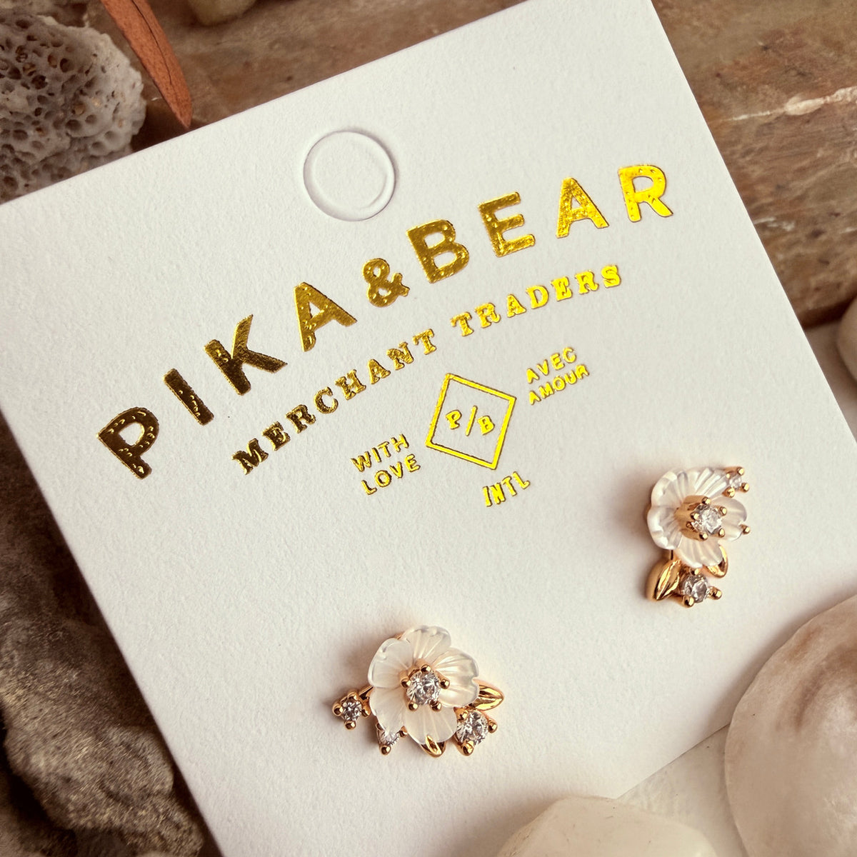 "Amelia" Mother of Pearl Flower & Rhinestone Stud Earrings in Gold