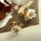 "Amelia" Mother of Pearl Flower & Rhinestone Stud Earrings in Gold