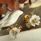 "Amelia" Mother of Pearl Flower & Rhinestone Stud Earrings in Gold
