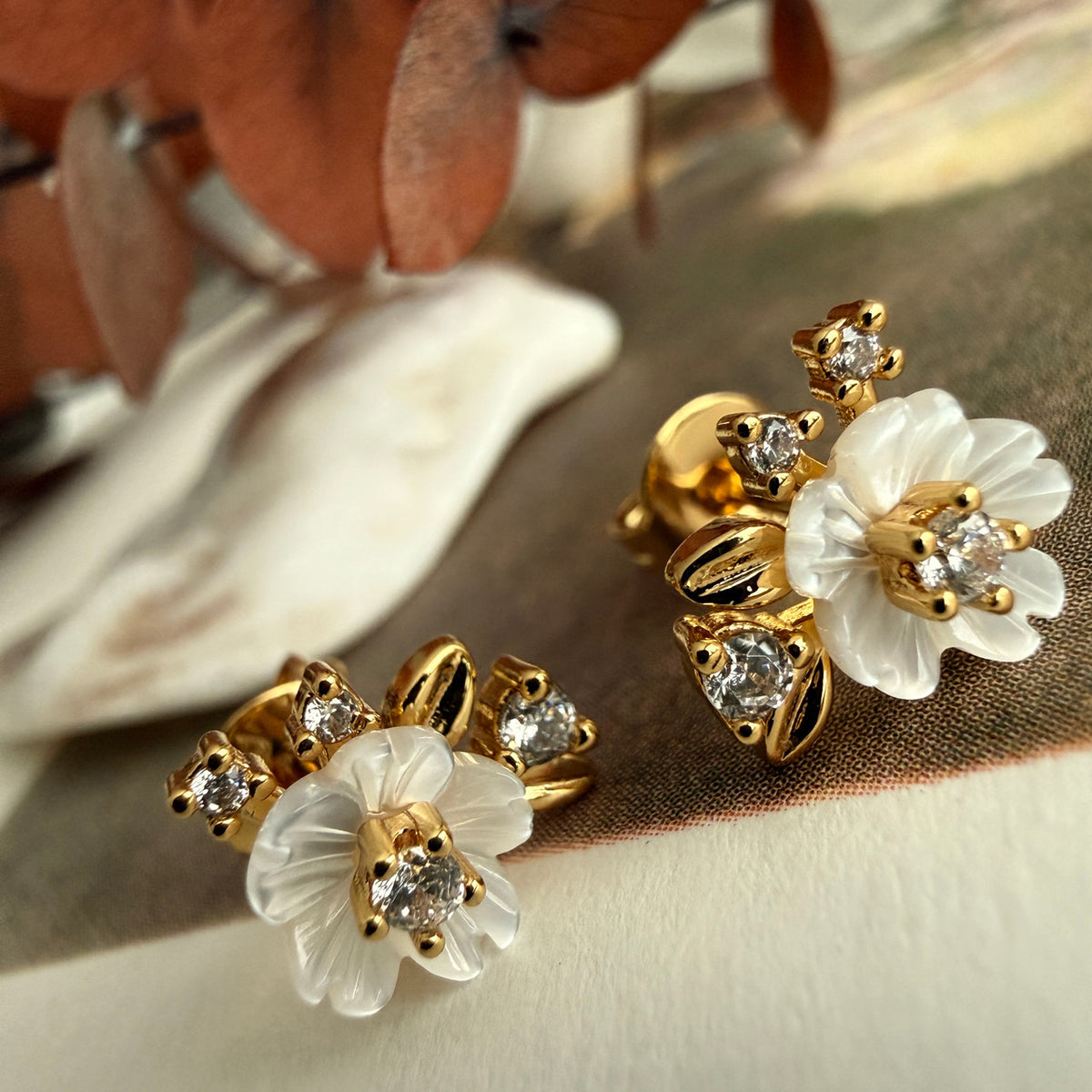 "Amelia" Mother of Pearl Flower & Rhinestone Stud Earrings in Gold