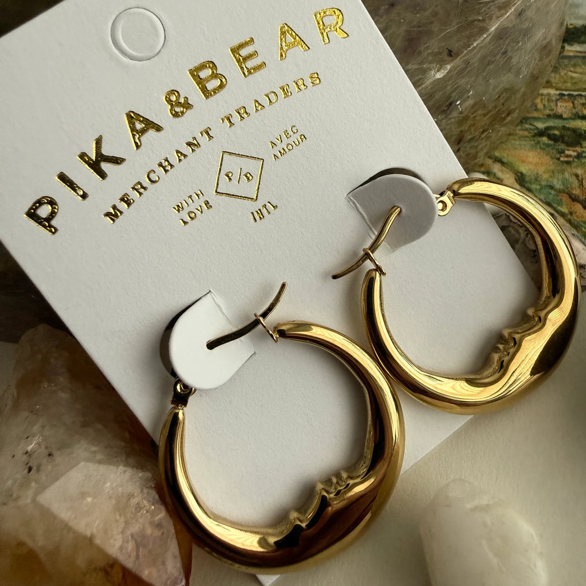 "Luna" Moon Face Hoop Earrings in Gold