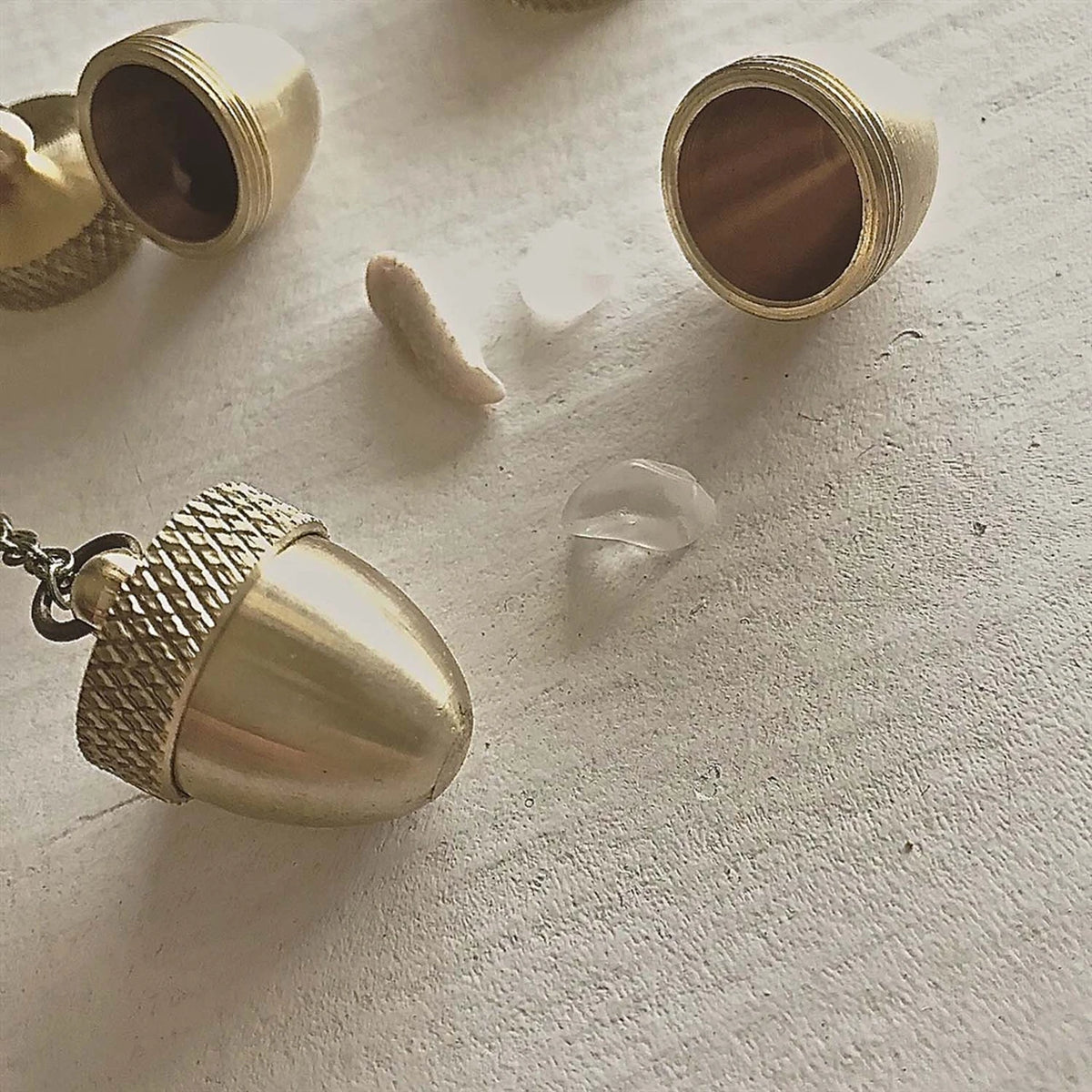 "Cache" Brass Acorn Canister Pendant Necklace