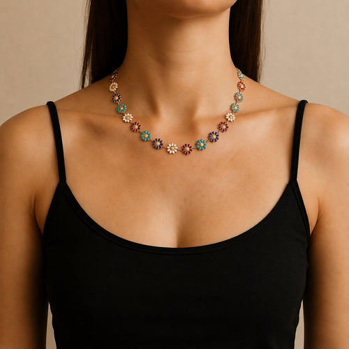 "Takashi" Multi-coloured Flower Chain Necklace in Enamel & Gold