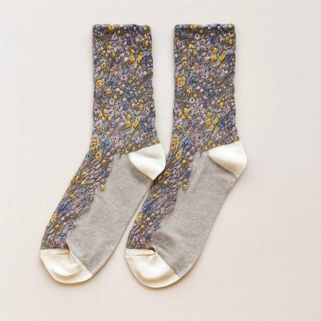 "Brueghel" Floral Applique and Pointelle Crew Sock